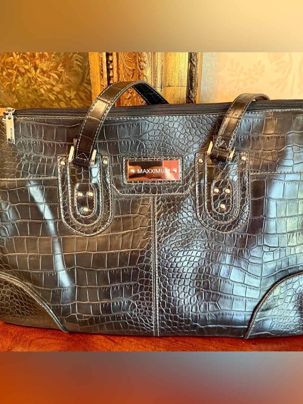 Maxximum New York Black Croc Embossed Large Shoulder Tote Handbag Leopard Lining
